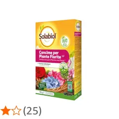 Confezione di concime Solabiol per piante fiorite, con logo BIO ECO e immagini di fiori. Ideale per fioriture abbondanti.