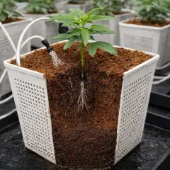 Piantina in vaso con sistema di irrigazione a goccia. Le radici crescono sane e forti grazie al substrato e alla tecnologia FloraFlex.