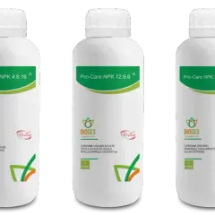 Cinque bottiglie di concime liquido Bioges Pro-Care NPK, con diverse formulazioni (3.6.9, 4.8.16, 12.6.6, 5.5.5, 8.8.8). Il npk significato è la composizione di azoto, fosforo e potassio.