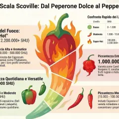 La scala Scoville illustra la piccantezza dei peperoncini, dai dolci ai super-hot come il Bhut Jolokia.