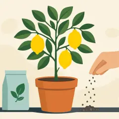 Un limone in vaso con frutti gialli, accanto a un sacchetto di fertilizzante. Una mano sparge granuli, prevenendo le malattie dei limoni in vaso.