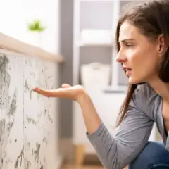 Donna preoccupata osserva muffa su muro, sintomo di umidità 70 per cento in casa.
