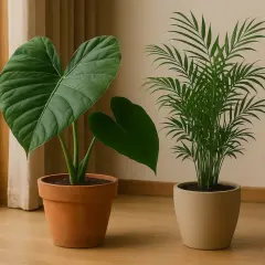 Due piante tropicali da interno: una con grandi foglie a cuore, l'altra con fogliame simile a una palma.