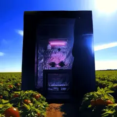 Un flexi tank, una serra portatile, si erge in un campo di pomodori sotto un cielo azzurro.