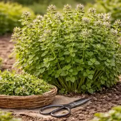 Un cespuglio rigoglioso di origano in fiore, pronto per la raccolta. Un cesto di origano appena tagliato e delle forbici giacciono sul terreno.