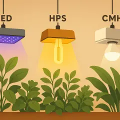 Tre tipi di luci (LED, HPS, CMH) illuminano piante in crescita, mostrando diverse spettri luminosi per la coltivazione indoor.