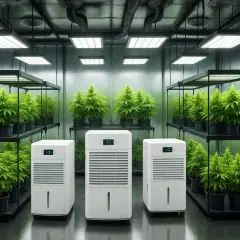 Tre deumidificatori per grow box in una stanza con piante di cannabis rigogliose sotto luci LED.