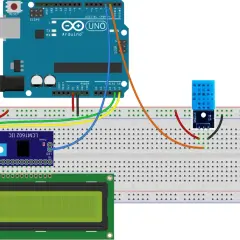 Circuito Arduino con sonda umidità e temperatura DHT11, display LCD 16x2 e breadboard.