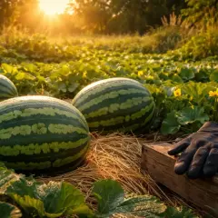 Germoglio pianta anguria matura sotto il sole del tramonto, con guanti da lavoro pronti per la raccolta.