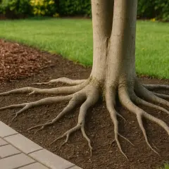 Radici verticali di un albero che si estendono sul terreno, con un bordo di pavimentazione e prato verde sullo sfondo.