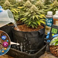 Coltivazione di piante con irrigazione e misurazione dei nutrienti. Un'immagine mostra le radici con calcio, magnesio e potassio, essenziali per una crescita aptus.
