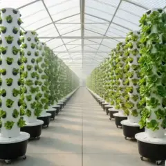 File di torri verticali con lattuga in una serra, un esempio di advanced hydroponics.