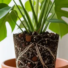 Radici sane e vigorose di una Monstera deliciosa che spuntano dal vaso, pronte a nutrirla per farla crescere rigogliosa.