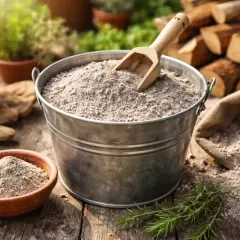 Un secchio di cenere, un fertilizzante naturale, pronto per nutrire le tue piante. La cenere fa bene alle piante, arricchendo il terreno.