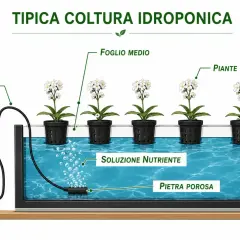 Sistema idroponico con piante in vasi a rete immersi in soluzione nutriente. Pompa aria e pietra porosa ossigenano l'acqua, favorendo la crescita sana delle piante.