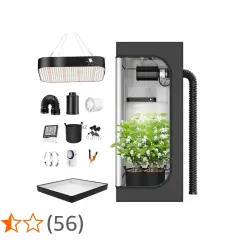Kit per coltivazione indoor: tenda, lampada LED, ventilatore, filtro, timer, forbici e accessori. Tutto pronto per un eazy plug.