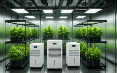 Tre deumidificatori per grow box in una stanza con piante di cannabis rigogliose sotto luci LED.