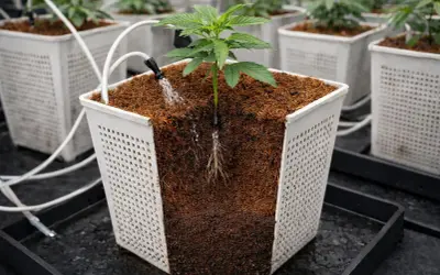Piantina in vaso con sistema di irrigazione a goccia. Il substrato è composto da fibra di cocco, ideale per la crescita sana delle radici.