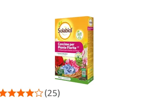 Confezione di concime Solabiol per piante fiorite, con logo BIO ECO e immagini di fiori. Ideale per fioriture abbondanti.