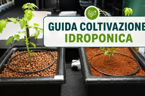 Piantine in coltivazione idroponica, una con argilla espansa, l'altra con fibra di cocco. Guida alla coltivazione idroponica.