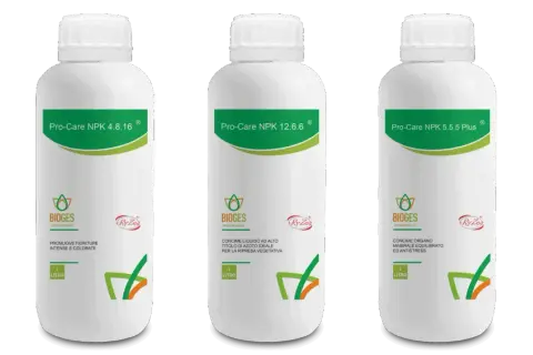 Cinque bottiglie di concime liquido Bioges Pro-Care NPK, con diverse formulazioni (3.6.9, 4.8.16, 12.6.6, 5.5.5, 8.8.8). Il npk significato è la composizione di azoto, fosforo e potassio.
