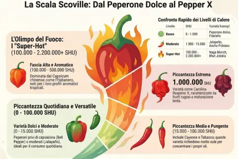 La scala Scoville illustra la piccantezza dei peperoncini, dai dolci ai super-hot come il Bhut Jolokia.