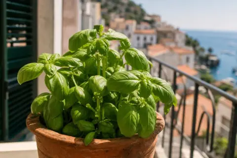 Un vaso di basilico rigoglioso sul balcone, con il mare e le case di un borgo sullo sfondo. Perfetto per piantare basilico fresco.