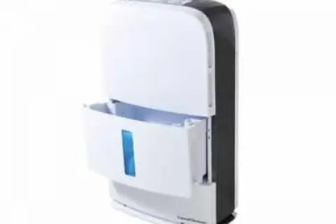 Deumidificatore professionale bianco e nero, con cassetto estraibile e indicatore blu.