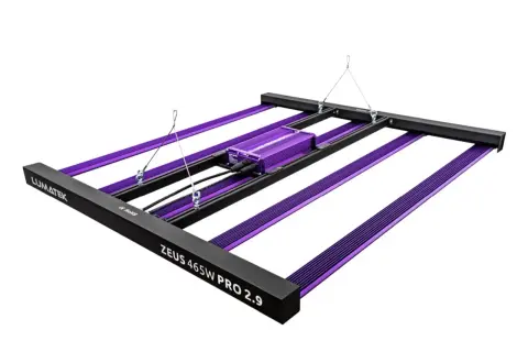Lampada LED Lumatek Zeus 465W Pro 2.9 con barre viola e driver centrale.