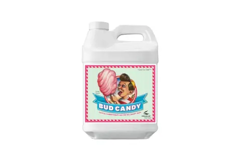 Flacone bianco con etichetta "Bud Candy" e un bambino che mangia zucchero filato. Un mix di carboidrati per grandi raccolti.