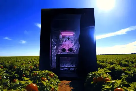 Un flexi tank, una serra portatile, si erge in un campo di pomodori sotto un cielo azzurro.