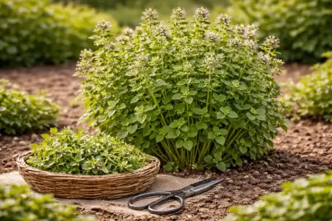 Un cespuglio rigoglioso di origano in fiore, pronto per la raccolta. Un cesto di origano appena tagliato e delle forbici giacciono sul terreno.