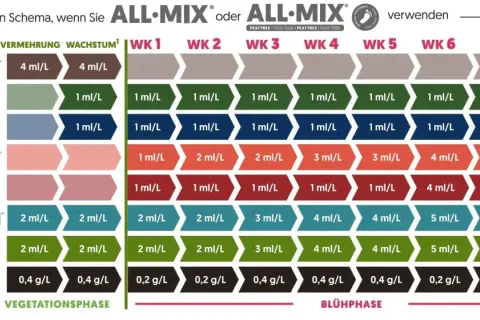 Schema di fertilizzazione per piante: Bio Bloom e Top Max insieme, con dosaggi settimanali per le fasi di crescita e fioritura.
