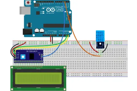 Circuito Arduino con sonda umidità e temperatura DHT11, display LCD 16x2 e breadboard.