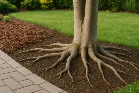 Radici verticali di un albero che si estendono sul terreno, con un bordo di pavimentazione e prato verde sullo sfondo.