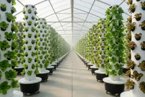 File di torri verticali con lattuga in una serra, un esempio di advanced hydroponics.