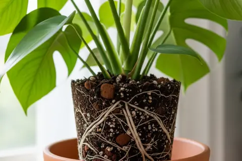 Radici sane e vigorose di una Monstera deliciosa che spuntano dal vaso, pronte a nutrirla per farla crescere rigogliosa.