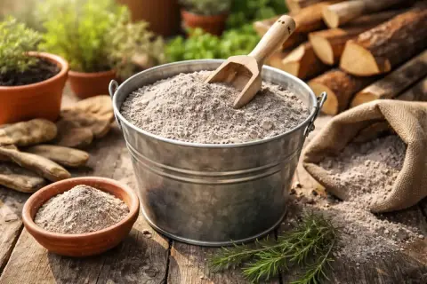 Un secchio di cenere, un fertilizzante naturale, pronto per nutrire le tue piante. La cenere fa bene alle piante, arricchendo il terreno.