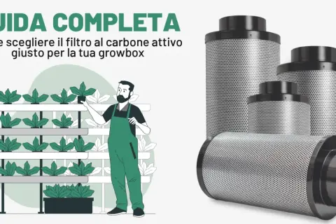 Guida alla scelta del giusto filtro a carbone attivo per la tua growbox. Un uomo cura le piante su scaffali, mentre diversi filtri sono in primo piano.