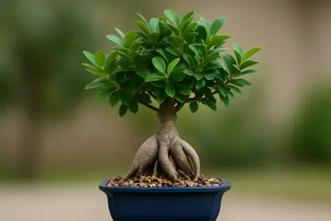 Un bonsai ficus con radici aeree evidenti in un vaso blu. Impara come curarlo per mantenerlo sano e rigoglioso.