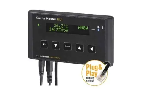 Un controller Gavita Master EL1, con display digitale che mostra temperatura e ora, pulsanti di controllo e cavi. Ideale per la gestione remota.