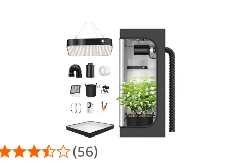 Kit per coltivazione indoor: tenda, lampada LED, ventilatore, filtro, timer, forbici e accessori. Tutto pronto per un eazy plug.
