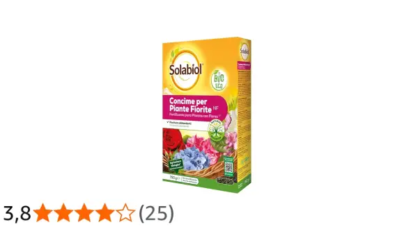 Confezione di concime Solabiol per piante fiorite, con logo BIO ECO e immagini di fiori. Ideale per fioriture abbondanti.