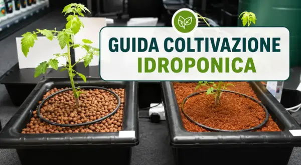 Piantine in coltivazione idroponica, una con argilla espansa, l'altra con fibra di cocco. Guida alla coltivazione idroponica.