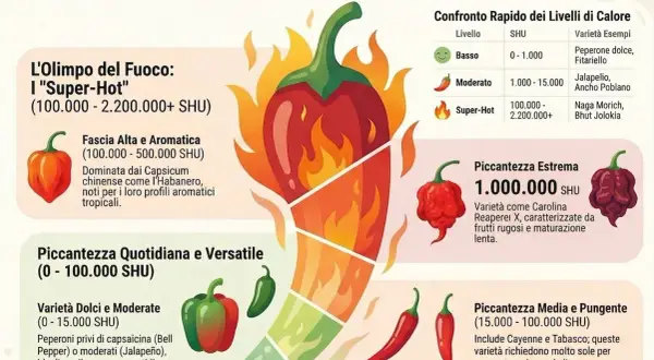La scala Scoville illustra la piccantezza dei peperoncini, dai dolci ai super-hot come il Bhut Jolokia.