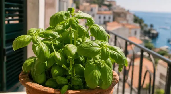 Un vaso di basilico rigoglioso sul balcone, con il mare e le case di un borgo sullo sfondo. Perfetto per piantare basilico fresco.