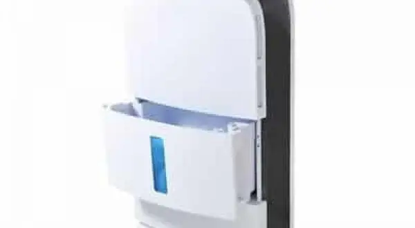 Deumidificatore professionale bianco e nero, con cassetto estraibile e indicatore blu.