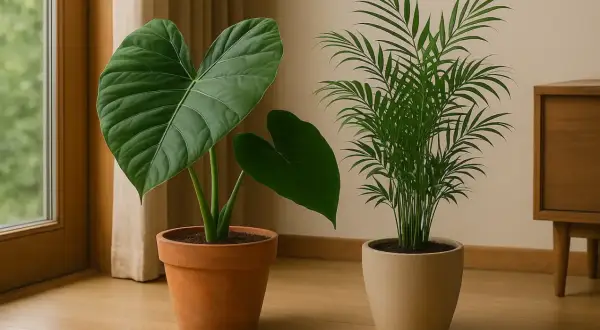 Due piante tropicali da interno: una con grandi foglie a cuore, l'altra con fogliame simile a una palma.