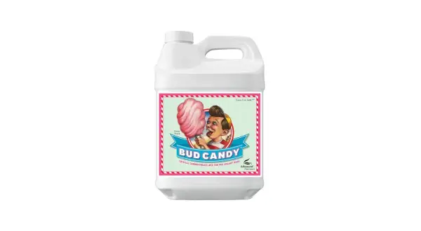 Flacone bianco con etichetta "Bud Candy" e un bambino che mangia zucchero filato. Un mix di carboidrati per grandi raccolti.