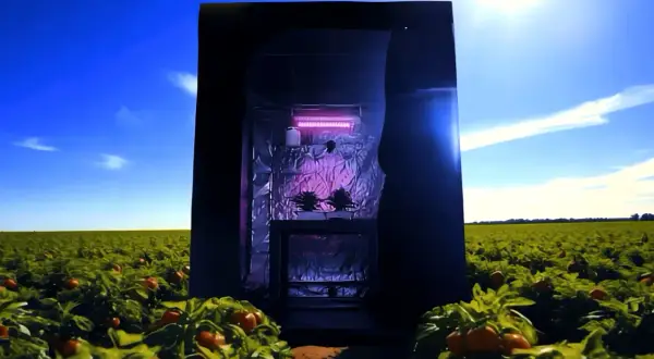 Un flexi tank, una serra portatile, si erge in un campo di pomodori sotto un cielo azzurro.